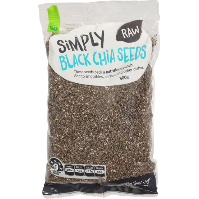 Woolworths Chia Seeds Black, nutrient-rich superfood for smoothies, baking, and healthy recipes, promoting digestion and hydration.