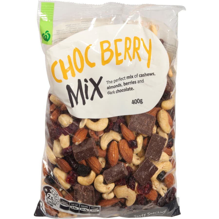 Woolworths Snack Mix Choc Berry Mix featuring chocolate pieces and dried berries for a tasty, on-the-go snack.