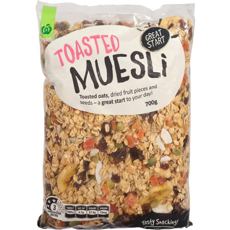 Toasted muesli mix featuring oats, nuts, and dried fruits for a nutritious and energizing breakfast option.