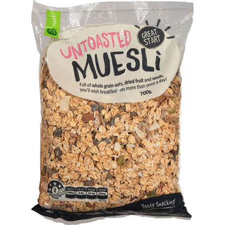 Wholesome Woolworths Muesli Natural with rolled oats, nuts, and fruits for a nutritious breakfast or snack.