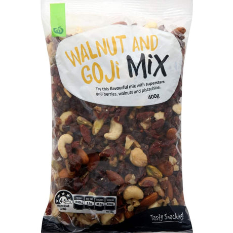 Woolworths Snack Mix featuring walnuts and goji berries, perfect for a nutritious, protein-packed snack.