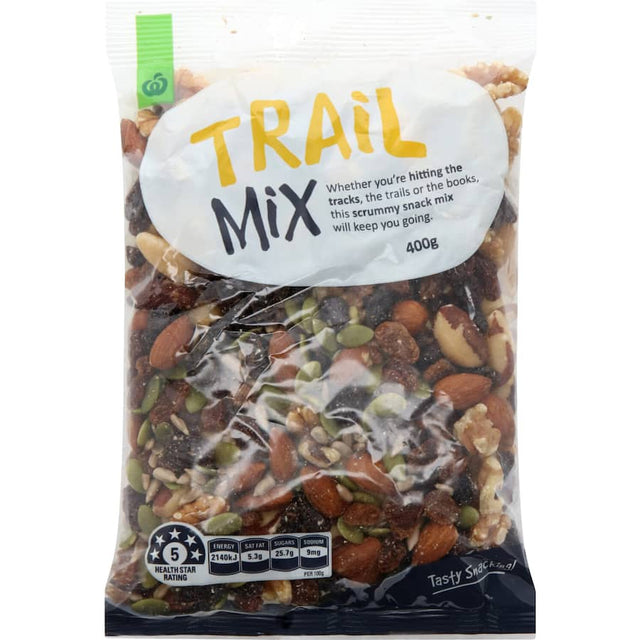 Woolworths Snack Mix Trail Mix features a mix of nuts, seeds, and dried fruits for a healthy, on-the-go snack.