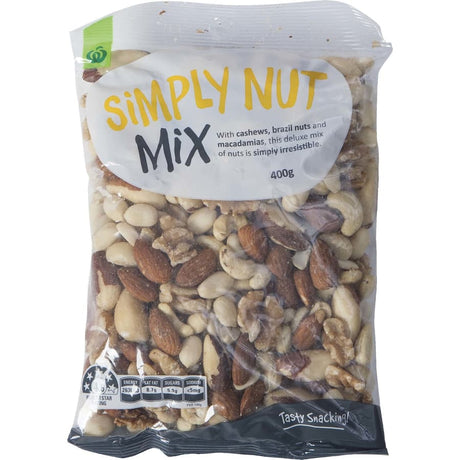 A bag of Woolworths Mixed Nuts Raw featuring almonds, cashews, Brazil nuts, and walnuts, perfect for healthy snacking.