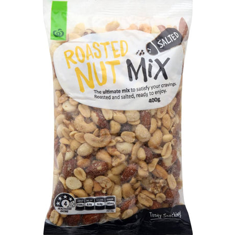 A bag of Woolworths Roasted Salted Mixed Nuts, featuring a blend of crunchy, nutritious nuts for healthy snacking.