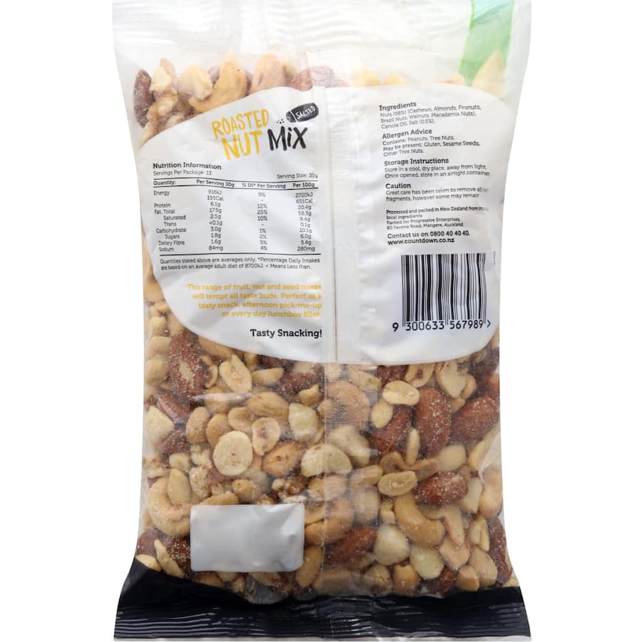 Woolworths Mixed Nuts Roasted Salted, a crunchy blend of premium nuts for healthy snacking and quick energy boosts.