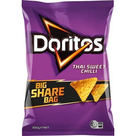 Doritos Thai Sweet Chilli share bag featuring bold-flavored corn chips perfect for parties and snacking indulgence.