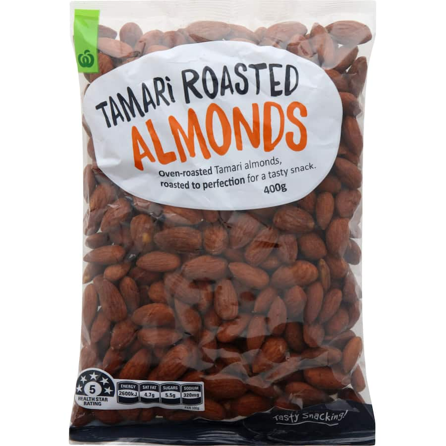 Woolworths Roasted Tamari Almonds in a pack, showcasing crunchy texture and savory umami flavor.