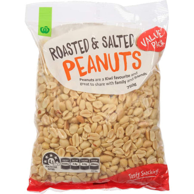 Woolworths Roasted Salted Peanuts in a bag, showcasing their crunchy, flavor-packed, and nutritious snack appeal.