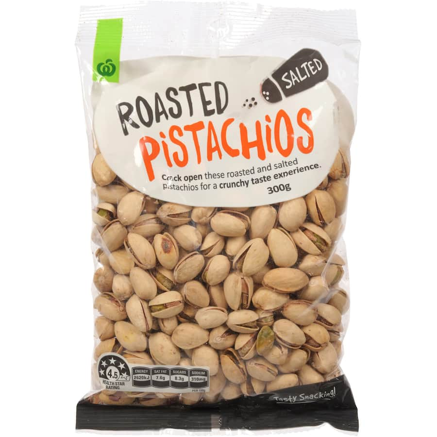 Woolworths roasted salted pistachios, offering a crunchy, flavorful snack packed with protein and healthy fats.