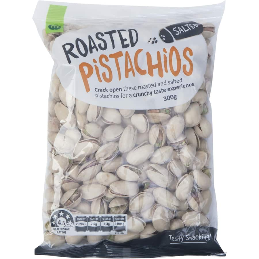 Woolworths roasted salted pistachios in a bowl, showcasing their crunchiness and rich flavor, ideal for healthy snacking.