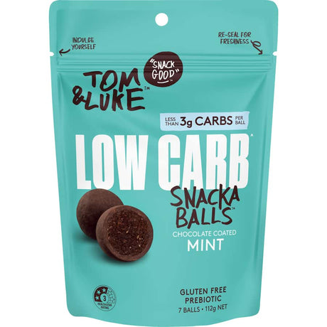 Tom & Luke Snack Balls: Low carb mint snacks with dates, nuts, cocoa, and dark chocolate, ideal for health-conscious indulgence.