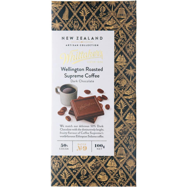 Whittakers Artisan Collection 100g chocolate block featuring Ethiopian coffee blended with 50% cocoa dark bittersweet chocolate.