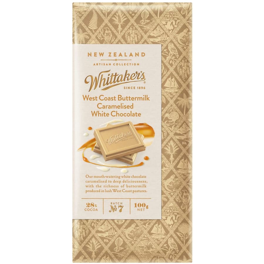 Whittakers Artisan Chocolate with caramelised buttermilk, vanilla, and 28% cocoa in a thin 100g block for a luxurious treat.