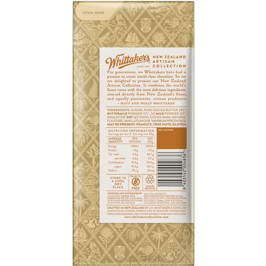 Whittakers Artisan Collection Chocolate: a thin 100g block of caramelised white buttermilk and vanilla, rich in 28% cocoa.