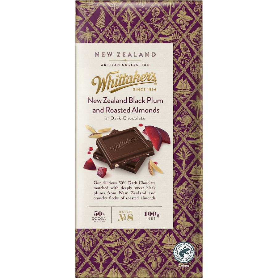 Artisan chocolate block featuring tart plum pieces and crunchy almonds in rich 50% cocoa dark chocolate.