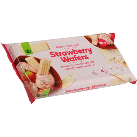 Crispy four-layered wafers filled with smooth strawberry creme, perfect for snacking or sharing, with no artificial additives.