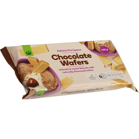 Delicious Woolworths Creme Filled Chocolate Wafers with crispy layers and rich chocolate creme, perfect for indulgent moments.