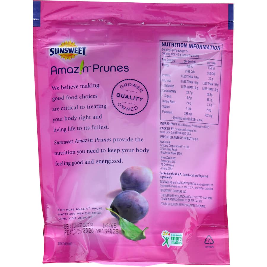 Sunsweet Pitted Prunes: Sweet, nutritious snacks made from sun-ripened plums, perfect for baking or adding to dishes.