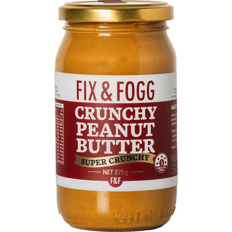 Crunchy Fix & Fogg peanut butter made from hi-oleic peanuts, sea salt, vegan, non-GMO, and perfect for health-conscious snacks.