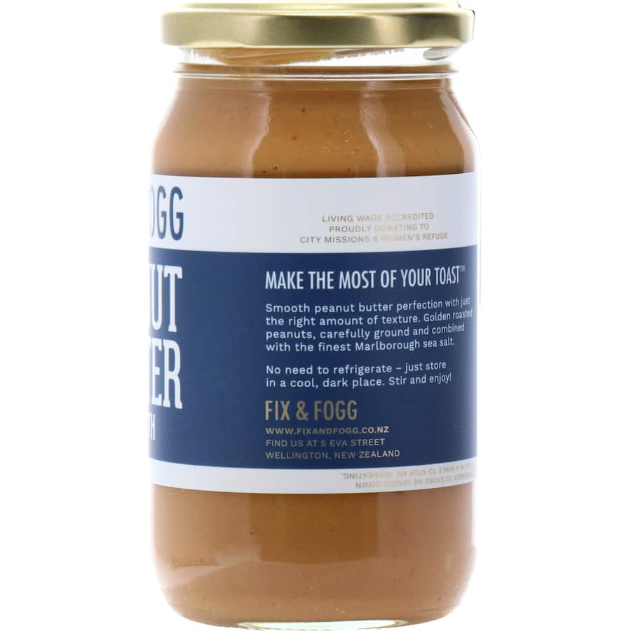 Creamy Fix & Fogg Peanut Butter Smooth made from hi-oleic peanuts and New Zealand sea salt, perfect for spreads and recipes.