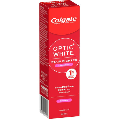 Colgate Optic White Toothpaste, Gentle Mint, fights stains for a radiant smile with enamel-safe, deep whitening formula.
