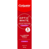 Colgate Optic White toothpaste in Gentle Mint, powerful stain fighter with 1% hydrogen peroxide for enamel-safe whitening.