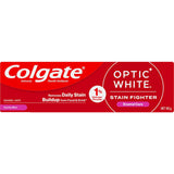 Colgate Optic White Toothpaste in Gentle Mint, fights stains and whitens teeth safely with 1% hydrogen peroxide for a bright smile.