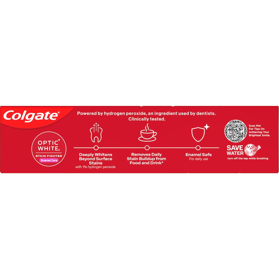 Colgate Optic White Toothpaste in Gentle Mint, designed to remove stains and whiten teeth safely with hydrogen peroxide.