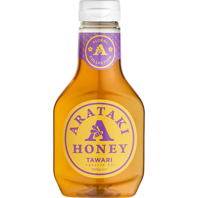 Squeeze bottle of Arataki Honey Tawari, showcasing rich, caramel-like honey ideal for toast, tea, and healthy recipes.