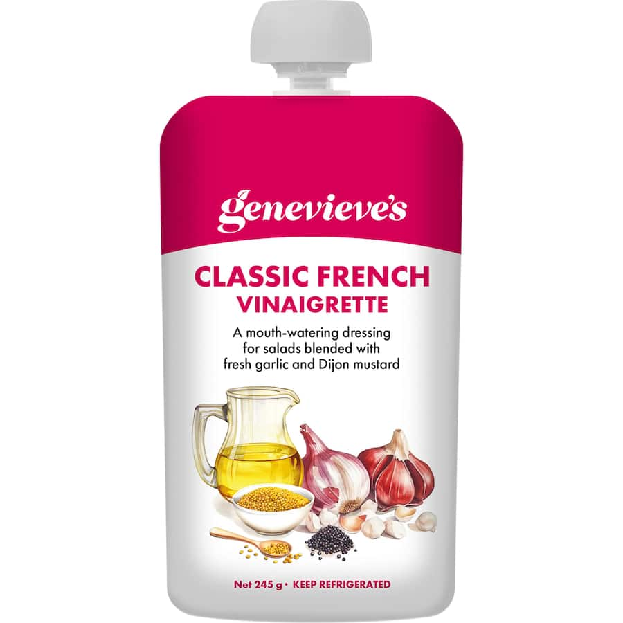 Bottle of Genevieve's French Dressing Classic Vinaigrette, showcasing premium ingredients for gourmet salads and marinades.