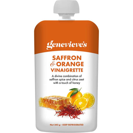 Elegant bottle of Genevieve's Saffron & Orange Vinaigrette, perfect for salads and marinades with premium ingredients.