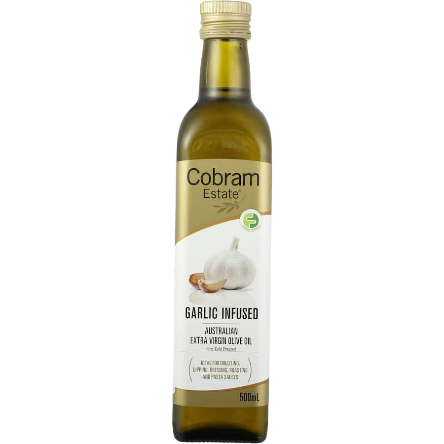 Garlic-infused extra virgin olive oil from Cobram Estate, perfect for enhancing salads, vegetables, and meats.