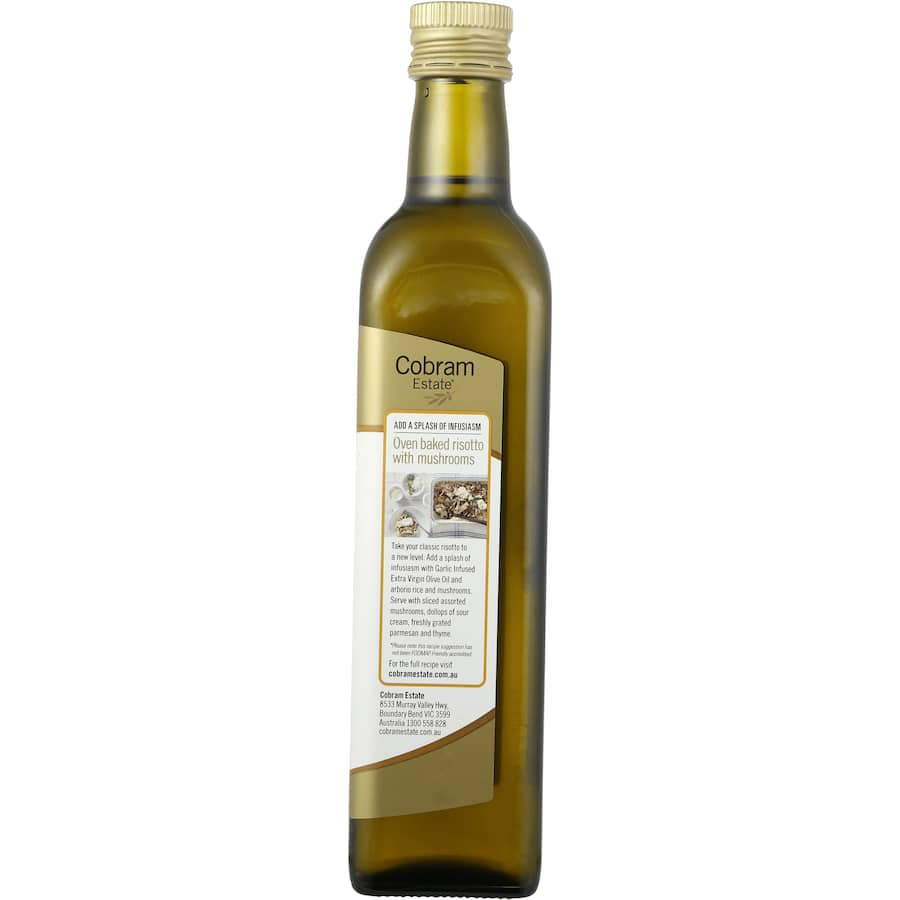 Garlic-infused extra virgin olive oil from Cobram Estate, perfect for enhancing flavors in salads, meats, and sauces.