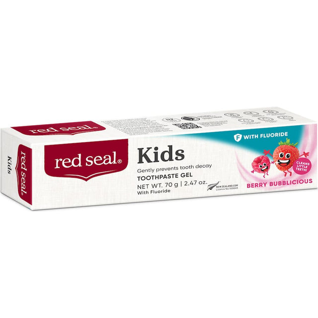 Red Seal Kids Toothpaste Berry Bublicious in a 75g tube, featuring a fun berry flavor for safe, effective kids' dental care.