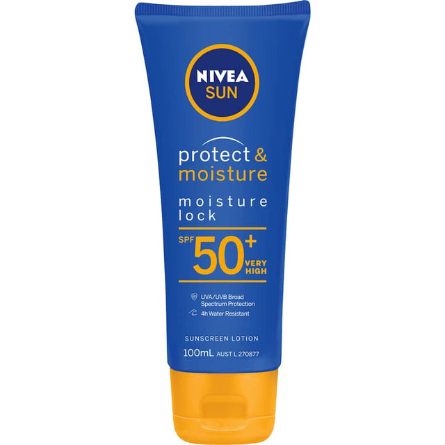 Nivea Sunscreen Protect & Moisture SPF 50 with 5-in-1 formula offers high UV protection and hydration for outdoor activities.