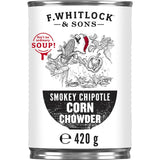 A bowl of F. Whitlock & Sons Smokey Chipotle Corn Chowder showcasing its rich color and hearty texture, perfect for comfort meals.