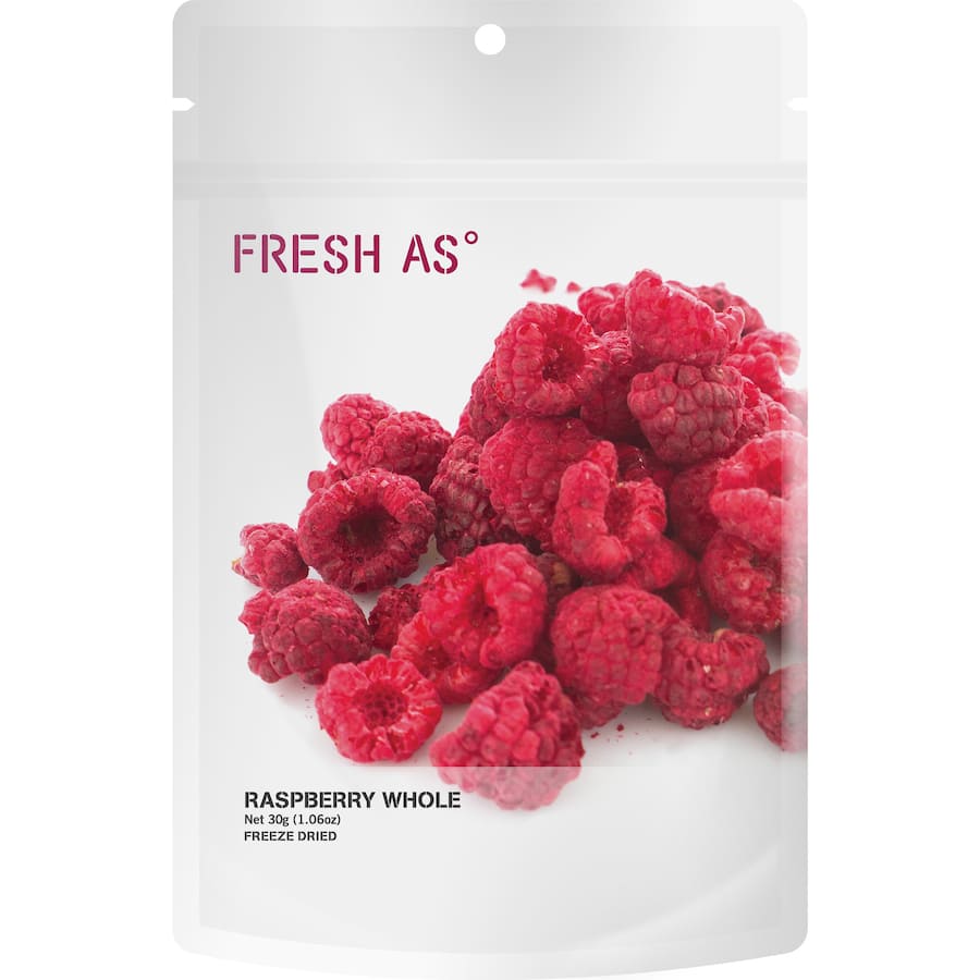 Freeze-dried whole raspberries, vibrant and sweet, ideal for snacking, baking, and enhancing dishes.