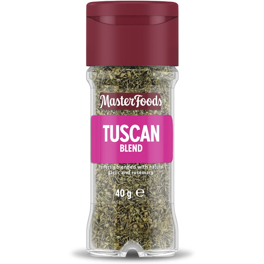 Masterfoods Tuscan Seasoning Blend in a glass shaker, featuring a savory mix of garlic, pepper, and rosemary for Italian dishes.