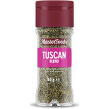 Masterfoods Tuscan Seasoning Blend in a glass shaker, featuring a savory mix of garlic, pepper, and rosemary for Italian dishes.