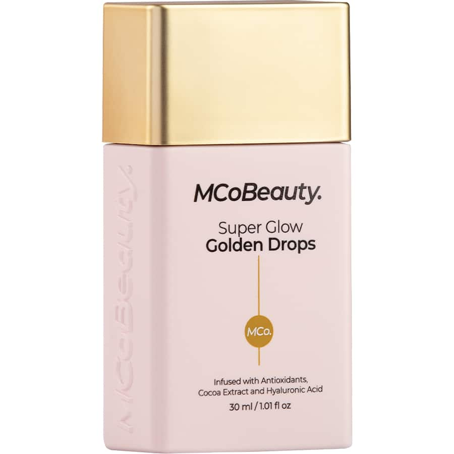 Mcobeauty Super Glow Golden Drops, a skincare-infused illuminator with a radiant gold shimmer for all skin tones.