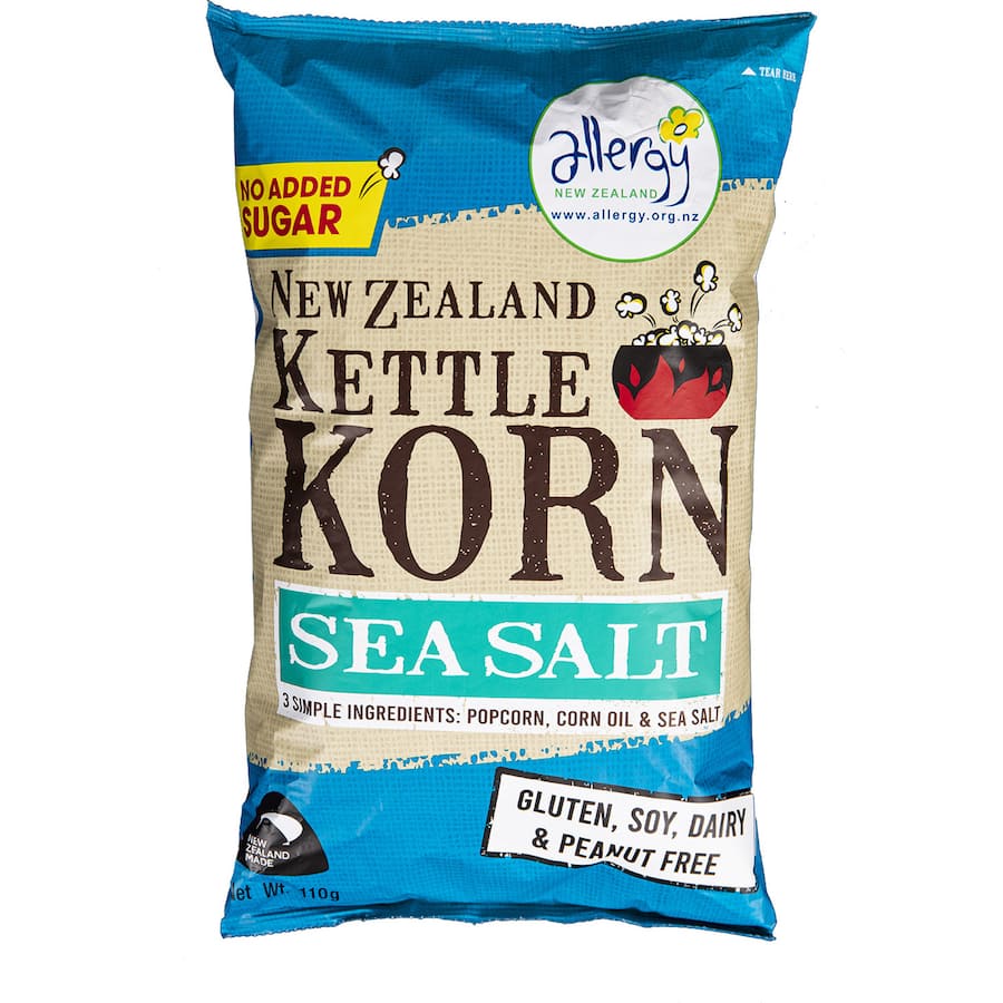 NZ Kettle Korn Popcorn Sea Salt, 110g bag of gluten-free, vegan popcorn with a perfect crunch and sea salt flavor.