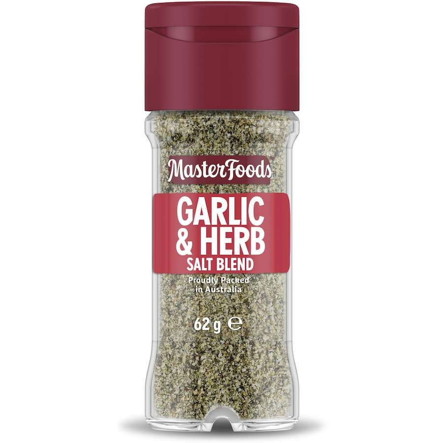 Masterfoods Garlic & Herb Salt Blend in a shaker, ideal for enhancing meats, vegetables, and potato dishes with rich flavors.