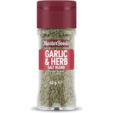 Masterfoods Garlic & Herb Salt Blend in a shaker, ideal for enhancing meats, vegetables, and potato dishes with rich flavors.