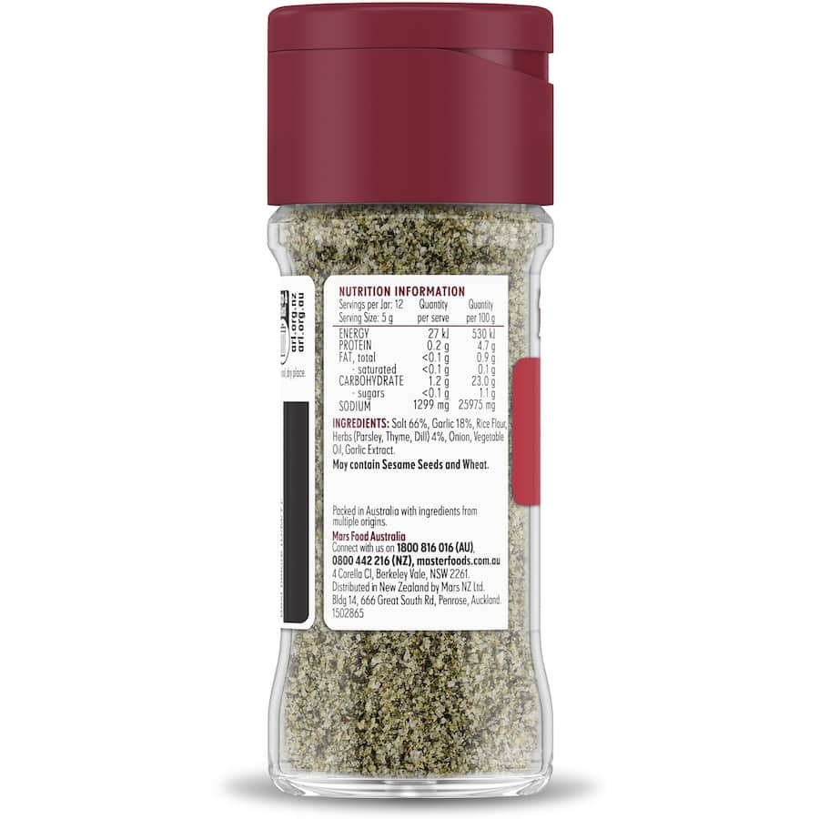 Masterfoods Garlic & Herb Salt Blend in a glass shaker, enhancing meals with garlic and herb flavors for meat, potatoes, and veggies.