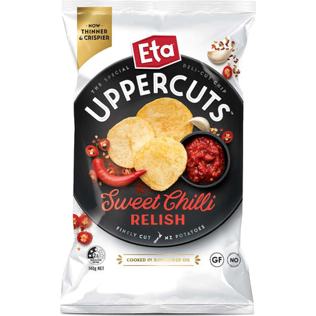 Crispy Eta Uppercuts Deli Cut Chips with Sweet Chilli Relish, made from NZ potatoes, gluten-free, deliciously sweet and spicy.