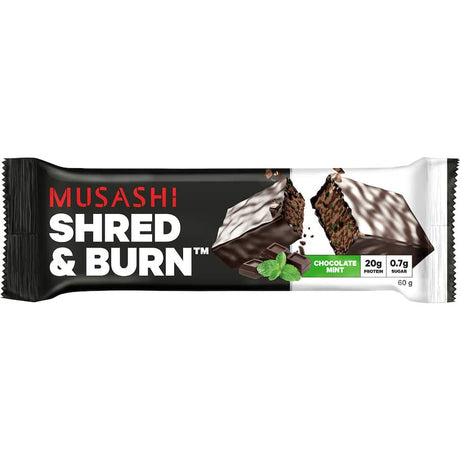 Musashi Protein Bar Chocolate Mint: a nutritious snack with 20g protein, minty flavor, perfect for fitness enthusiasts.