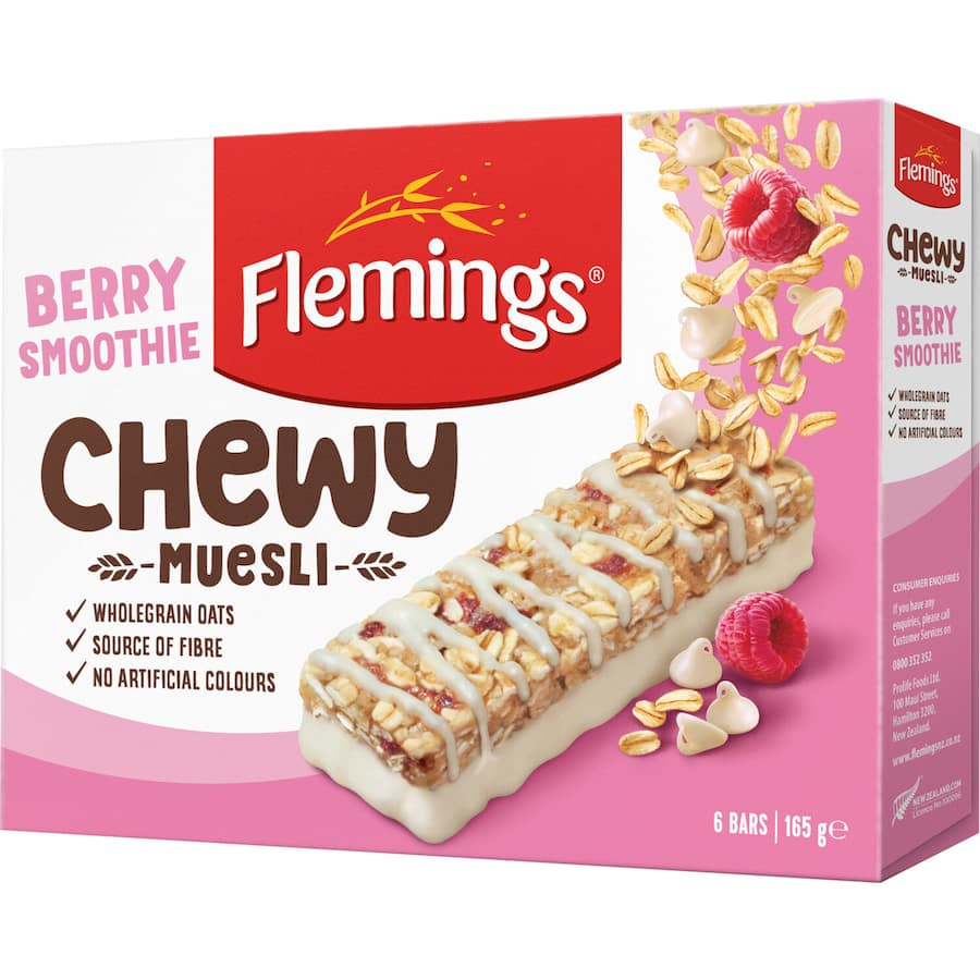 Flemings Chewy Muesli Bars Berry Smoothie: Soft, chewy oat bars with berry and yogurt flavors, perfect for nutritious snacking on-the-go.