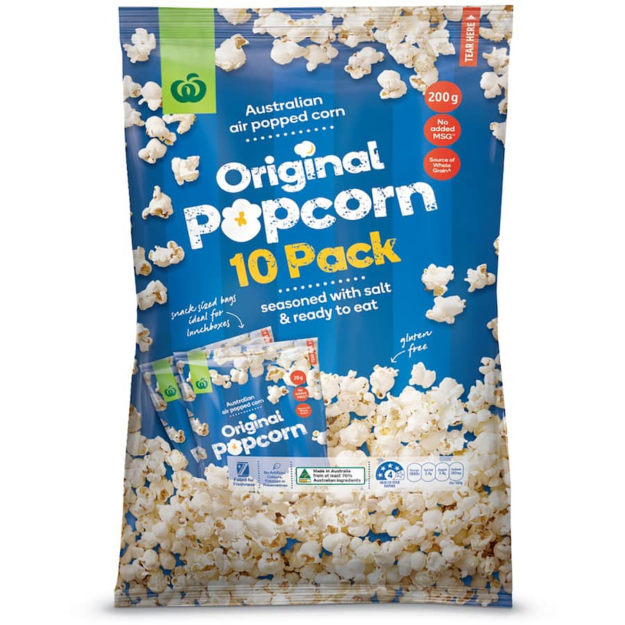 Woolworths Popcorn Original: a 10-pack of crunchy, flavorful popcorn, perfect for movie nights and casual snacking.