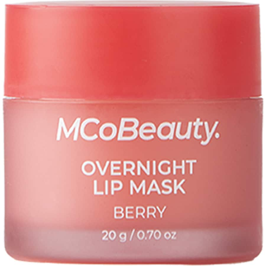 MCoBeauty Overnight Lip Mask in Berry, a nourishing treatment for soft, hydrated lips with Coconut Oil and Vitamin E.