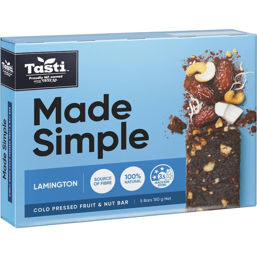 Tasti Made Simple Muesli Bars Lamington featuring chocolate coating and coconut, perfect for a nutritious snack on-the-go.